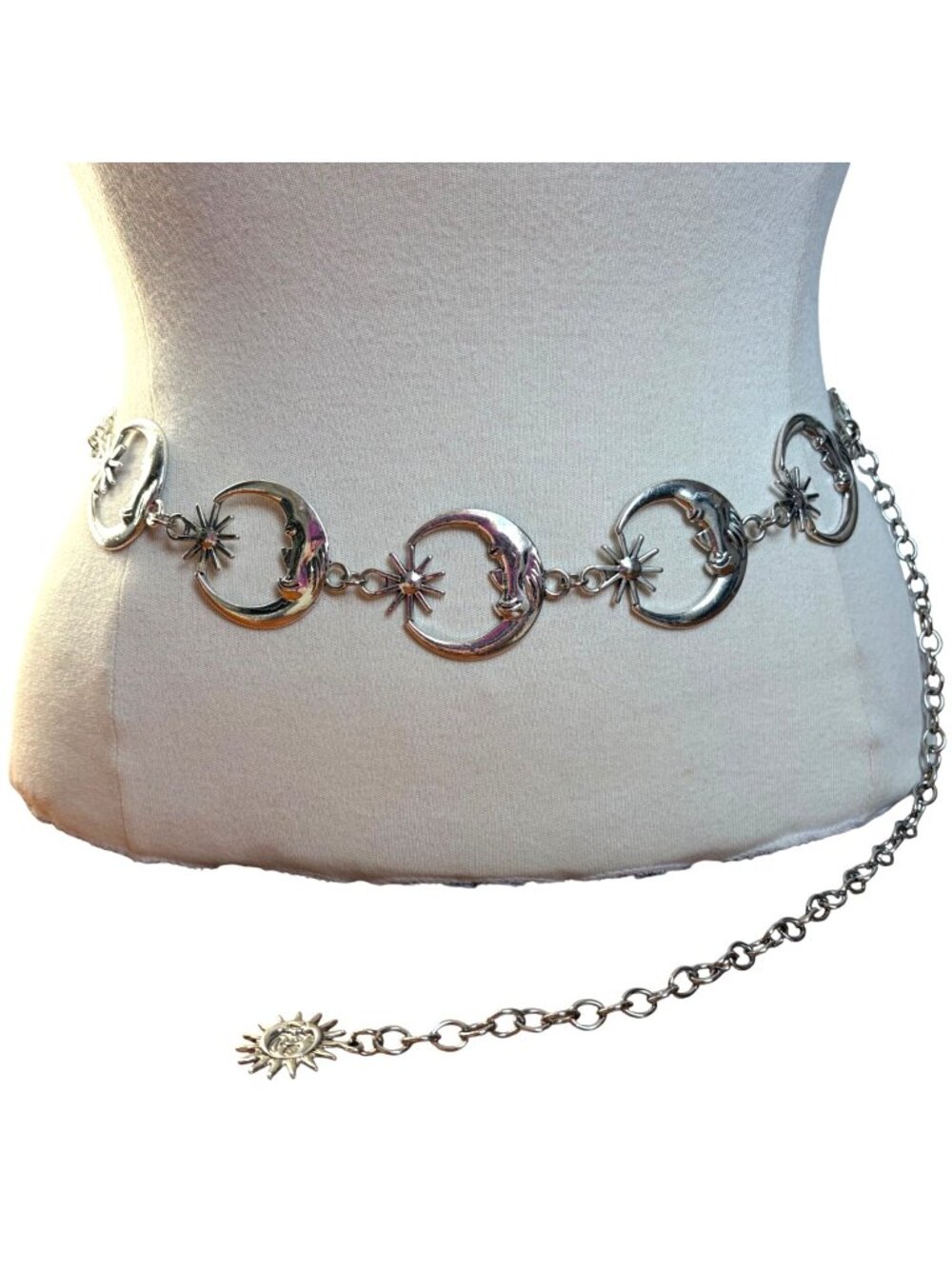 Celestial Moon Star Silver Tone Chain Belt Sun Charm Accent Witchy Whimsigoth